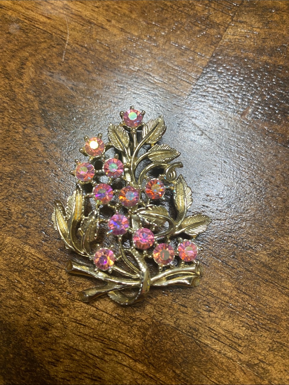 Vintage Gold-Tone Floral Brooch with Pink Aurora Borealis Crystals